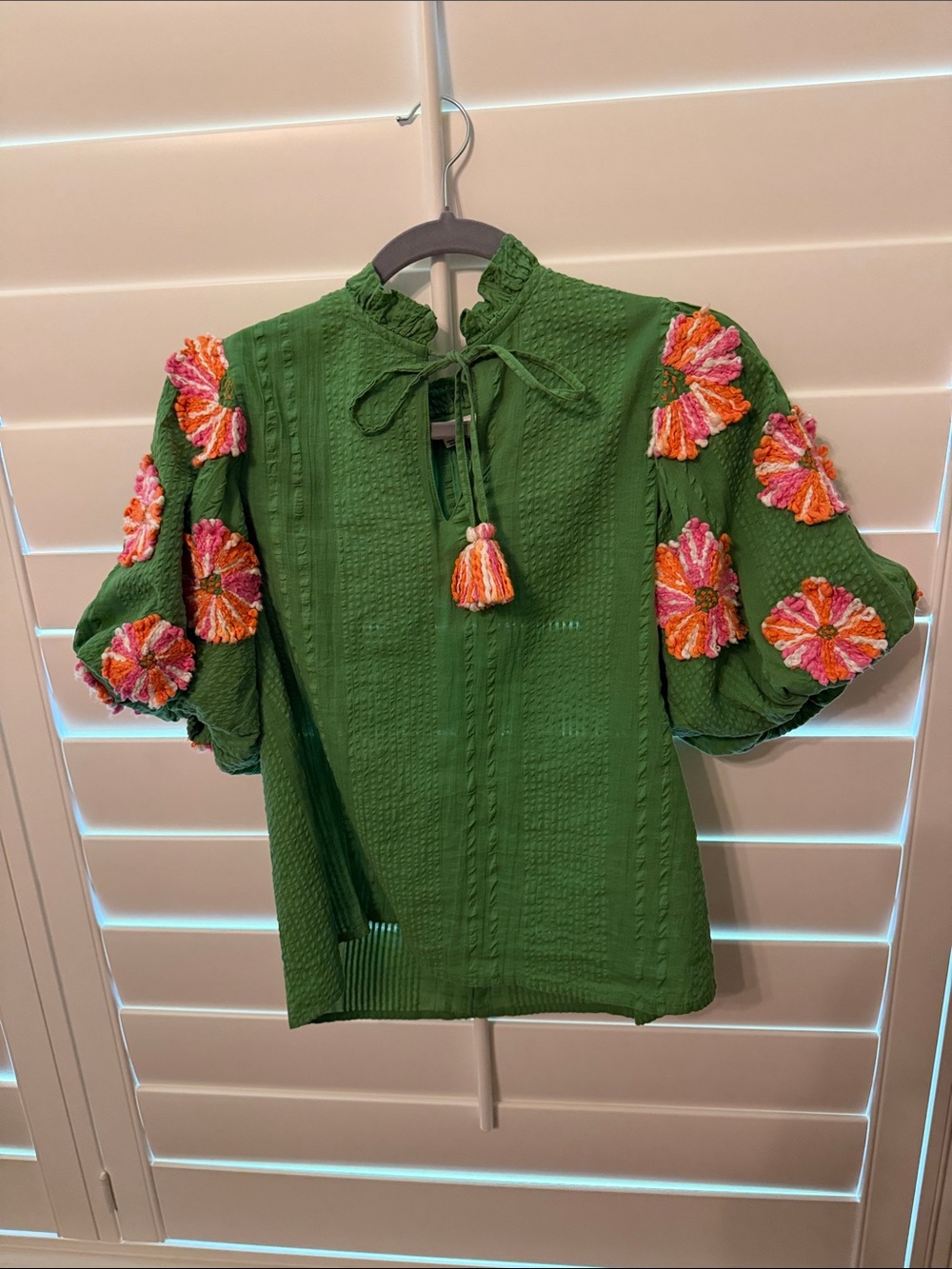 THML Green Ruffled-Neck Blouse with Pink & Orange Floral Tassels